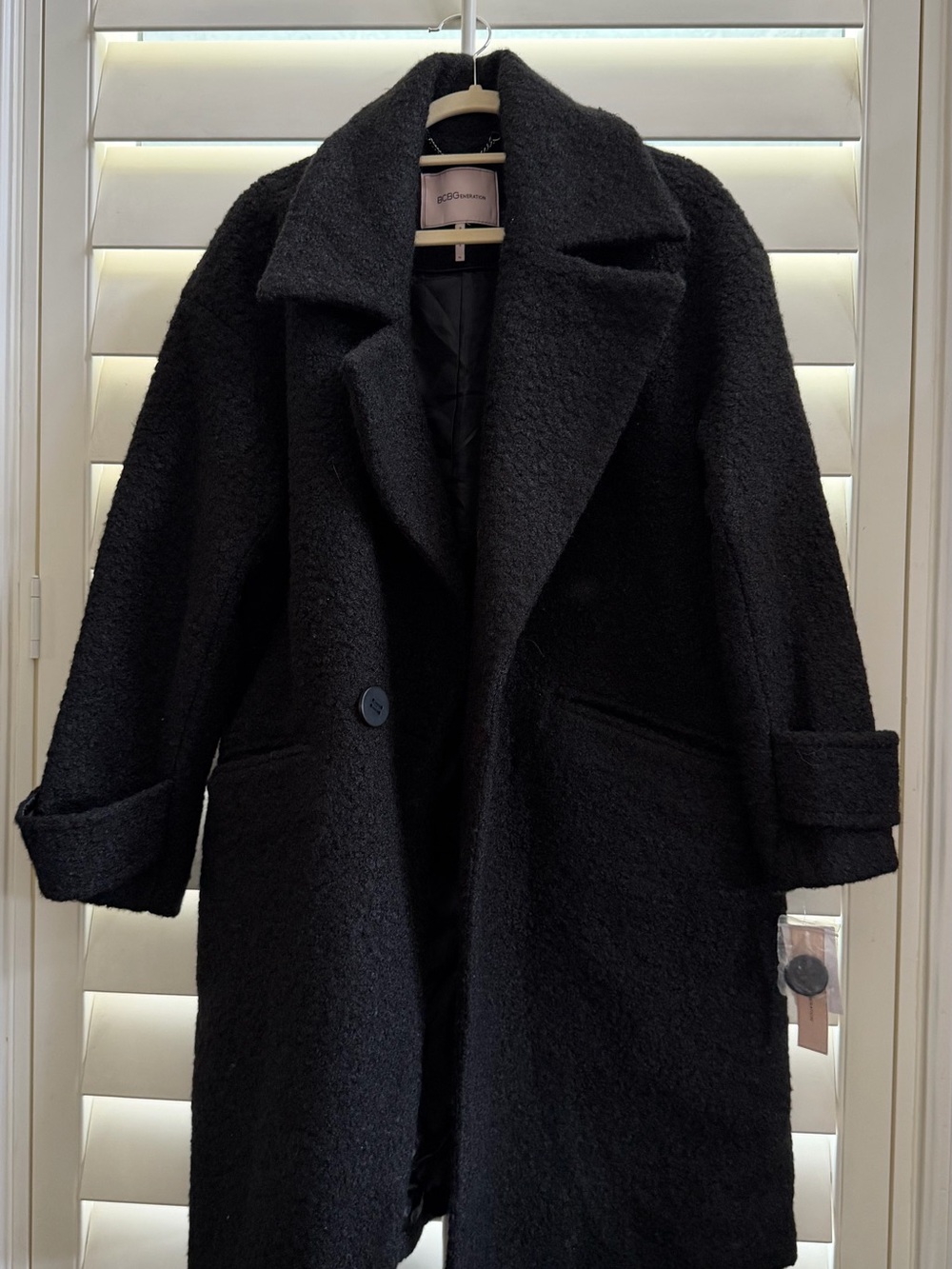 BCBGeneration Black Bouclé Long Single-Button Pea Coat